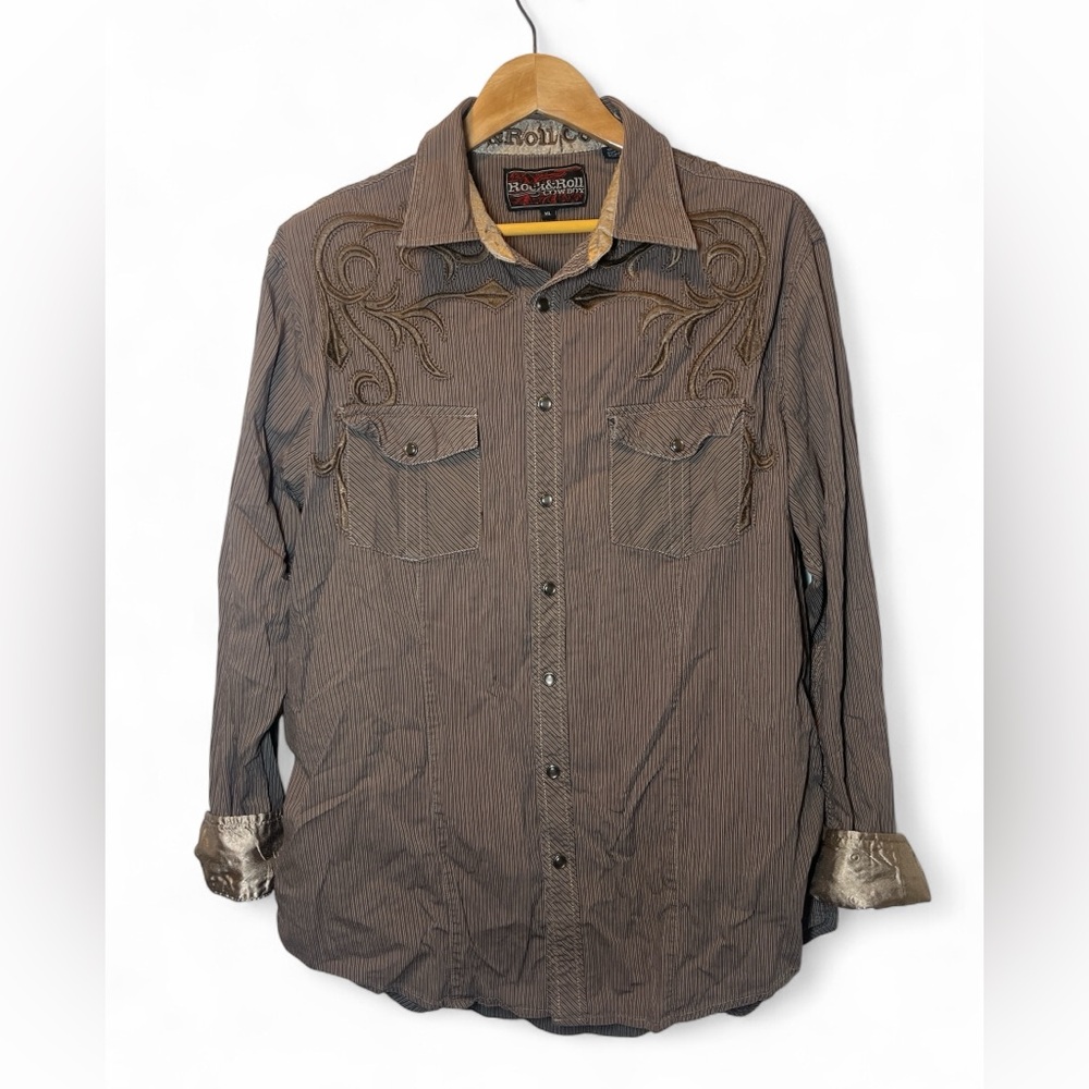 Rock & Roll Cowboy Pinstripe 100% Cotton Satin Flip Cuff Pearl Snap Shirt‎ XL